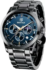 BY BENYAR Men's Watches Waterproof Sport Military Watch for Men Multifunction Chronograph Black Fashion Quartz Wristwatches Calendar with Leather Strap/Stainless Steel