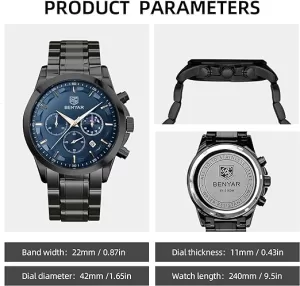 BY BENYAR Men's Watches Waterproof Sport Military Watch for Men Multifunction Chronograph Black Fashion Quartz Wristwatches Calendar with Leather Strap/Stainless Steel