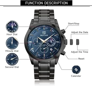 BY BENYAR Men's Watches Waterproof Sport Military Watch for Men Multifunction Chronograph Black Fashion Quartz Wristwatches Calendar with Leather Strap/Stainless Steel