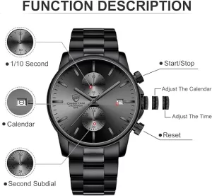 GOLDEN HOUR Fashion Business Mens Watches with Stainless Steel Waterproof Chronograph Quartz Watch for Men, Auto Date