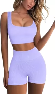 QINSEN Workout Sets for Women 2 Piece Seamless Ribbed Crop Tank High Waist Shorts Yoga Outfits Brighten Up Your Wardrobe: Vibrant Colors Collection