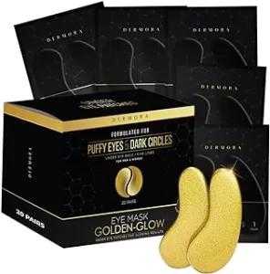 DERMORA Golden Glow Under Eye Patches (20 Pairs Eye Gels) - Rejuvenating Treatment for Dark Circles, Puffy Eyes, Refreshing, Revitalizing, Travel, Wrinkles