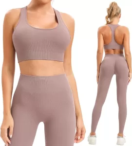 SPICE UNION 2 Piece Women's Workout Sets Ribbed Seamless Gym Yoga Outfits Biker Active Tracksuit