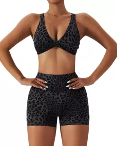 ABOCIW Women's Leopard Print Workout Sets Twist Sports Bras Cross Back Yoga Bra High Waist Booty Shorts 2 Piece Gym Outfits