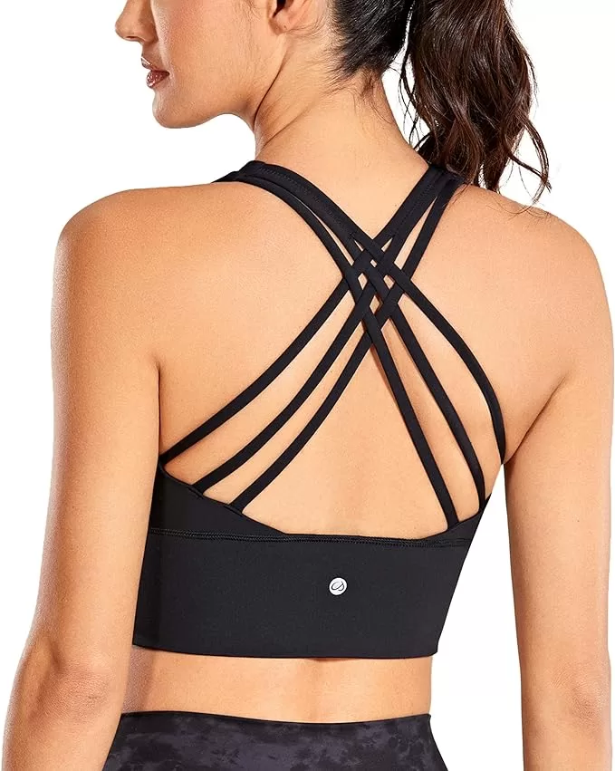 CRZ YOGA Strappy Longline Sports Bras for Women - Wirefree Padded Criss Cross Yoga Bras Cropped Tank Tops