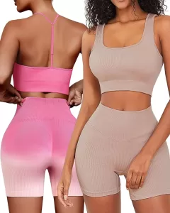 FINETOO Workout Outfits Sets for Women 4 piece Seamless Backless Tank Sport Bra High Waist Short Yoga Gym Matching Active Set