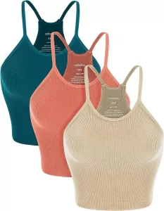 ODODOS Women's Crop 3-Pack Washed Seamless Rib-Knit Camisole Crop Tank Tops